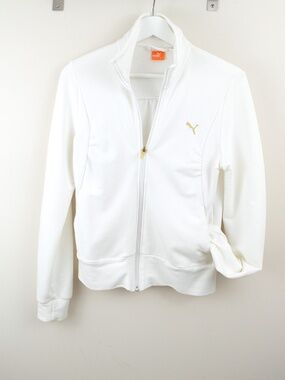 Vintage Women's Puma Zip Front Knit Jacket Size S White w/Gold Zip+Logo